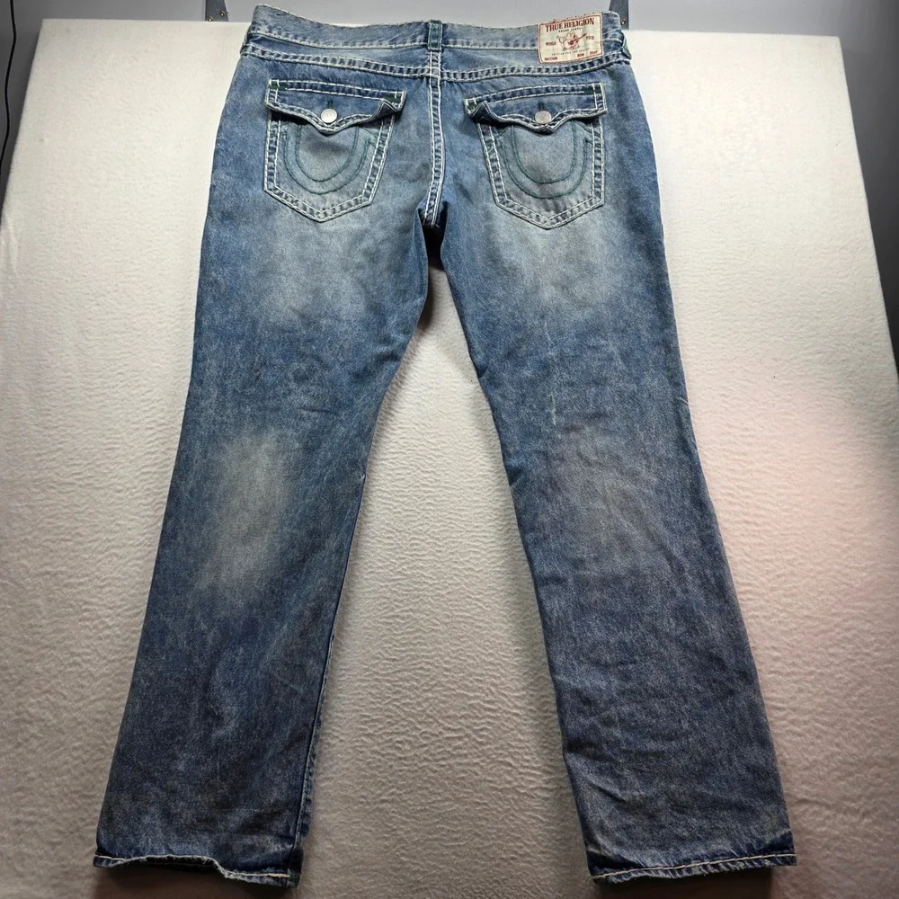 True Religion Ricky Relaxed Straight Men 42 Blue Super‎ T Stitch Acid Wash Jeans